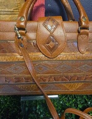 Vtg Artisan Animal Textured Panel Satchel with Top Handles & Crossbody Strap